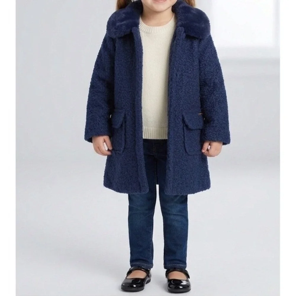 Tahari Girl‎ Navy Blue Boucle Coat Faux Fur Collar Kids Size 5 NWT JBGU902